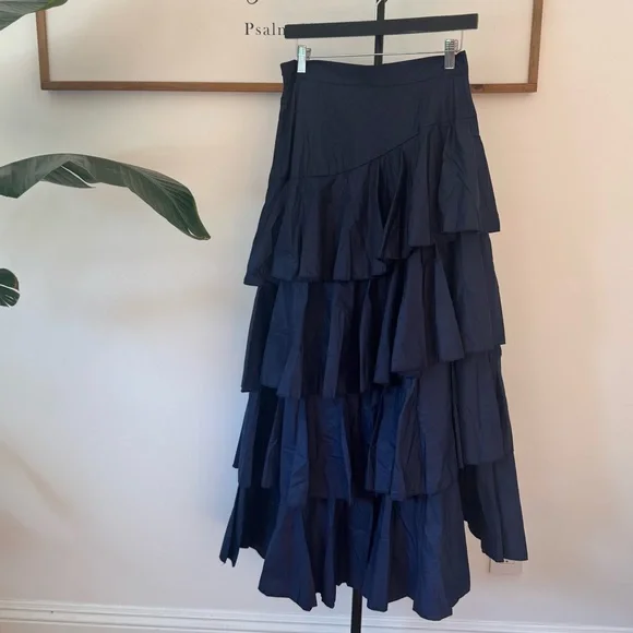 NWT Elegant Navy Blue Tiered 100% Cotton Skirt - Picture 5 of 9